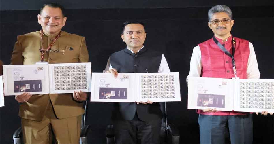 Goa Chief Minister Pramod Sawant releasing commemorative stamp honouring cinematographer K Vaikunth at 56th IFFI in Panaji